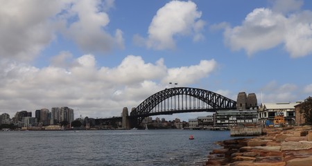 Panorama Sydney Harbour bridge nsw australia Waves blue sky clouds 