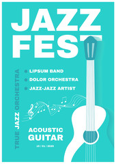 Jazz fest. Live music poster template. Concert flye with acoustic guitar.
