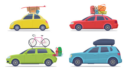 Cars with luggage. Road trip vehicle with suitcases vacation transport vector collection. Illustration luggage car for travel or trip summer - obrazy, fototapety, plakaty