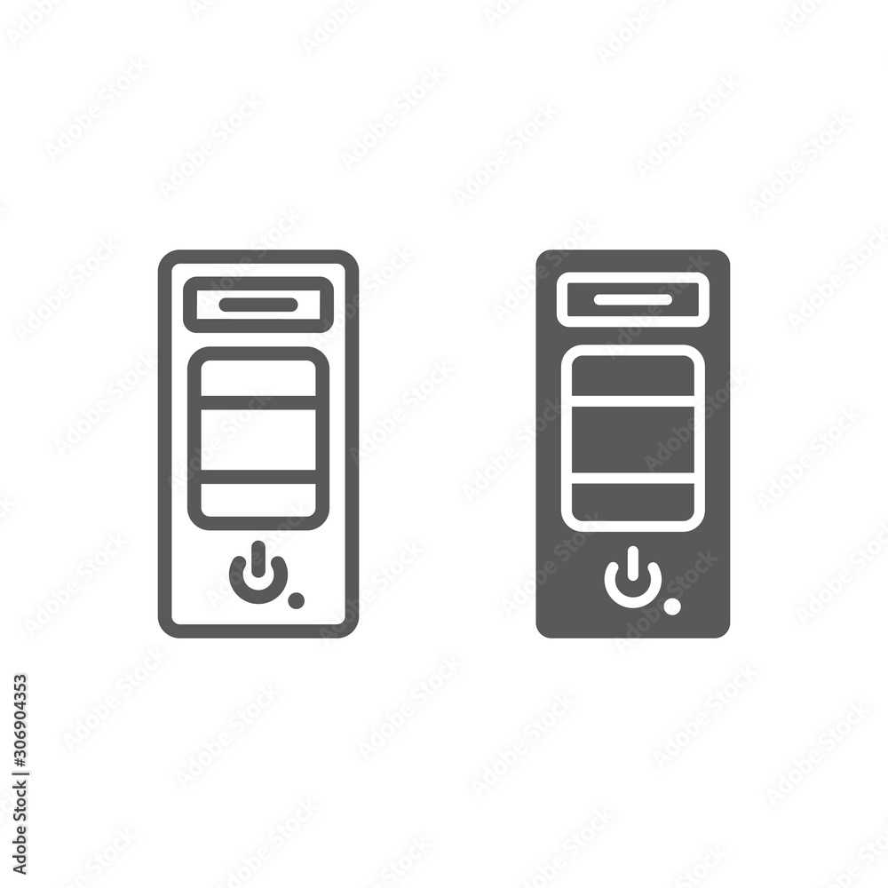 Poster system unit line and glyph icon, hardware and device, case for the computer sign, vector graphics, a