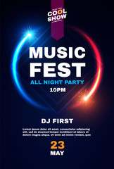 Music fest poster template. Show, exhibition, competition, birthday and dance party flyer design.