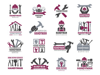 Handyman badges. Builders and workers contractor symbols technicians vector logotypes for handyman. Illustration carpenter handyman logo and emblem