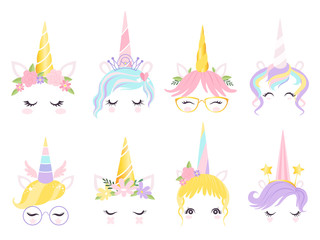 Unicorn face. Fantasy horse pony animal creation kit ears head horn eyes and hairs glasses vector cute template. Illustration horse and pony, face unicorn magic © ONYXprj