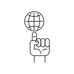 Globe on human finger. Outline thin line flat illustration. Isolated on white background.
