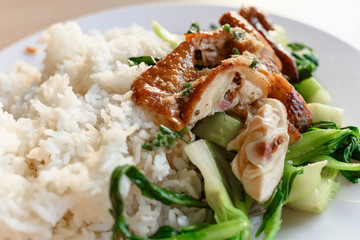 side view fast food of steamed chicken with vegetable and rice