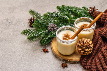 Homemade eggnog with cinnamon in glass. Typical Christmas dessert. Evergreen fir brunch, cones, cozy plaid, artificial snow. Stone concrete background