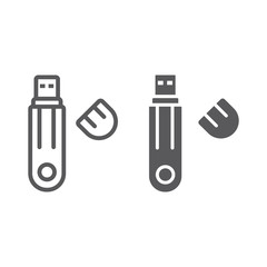 Flash drive line and glyph icon, technology and device, usb storage sign, vector graphics, a linear pattern on a white background.