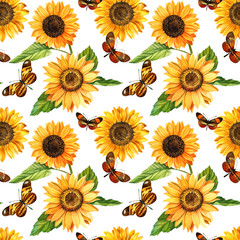 Watercolor sunflowers and butterflies, hand drawn floral illustration isolated on white background. Seamless pattern