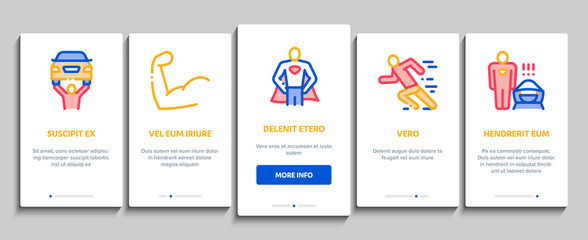 Super Hero Onboarding Mobile App Page Screen. Hero Super man Silhouette And Woman, Face Mask And Muscle Power Concept Illustrations