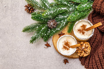 Obraz na płótnie Canvas Homemade eggnog with cinnamon in glass. Typical Christmas dessert. Evergreen fir brunch, cones, cozy plaid, artificial snow. Stone concrete background