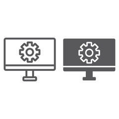 Computer settings line and glyph icon, technology and equipment, monitor with gear sign, vector graphics, a linear pattern on a white background.