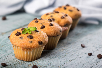 Chocolate vanilla fresh delicious muffins on blue wooden background