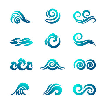 Stylized wave logo. Ocean and sea water graphics flowing wave swimming vector symbols collection. Ocean and sea water wave, illustration emblem logo flowing