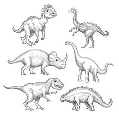 Dinosaur. Paleontology exhibition collection herbivorous extinction dinosaurs in action poses hand drawn vector. Jurassic prehistoric reptile, triceratops lizard, dragon danger wild illustration