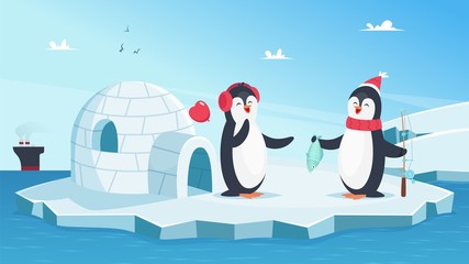 Cute penguins in love. Christmas winter animals. Cartoon penguins on ice in ocean with fish vector illustration. Fish and penguin, happy animals on iceberg