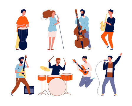 Music band characters. Rock group musicians singing and playing at instrument performing stage vector background. Rock concert, musical band, musician group performance illustration