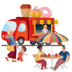 a man and a woman are sitting in front of a truck that sells coffee and donuts, a mom and a child walk by, asking to buy him fast food, isolated object on a white background, vector illustration