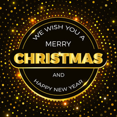 Fototapeta na wymiar Golden typography of the Merry Christmas and New Year banner. Shiny dotted Xmas background with golden dots and lights