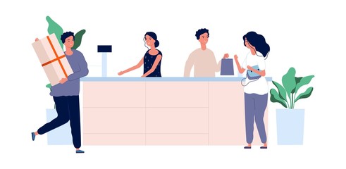 Customer service concept. Shoppers with products standing at counter. Vector store team male female flat characters. Illustration cashier woman and man worker, checkout saleswoman - obrazy, fototapety, plakaty