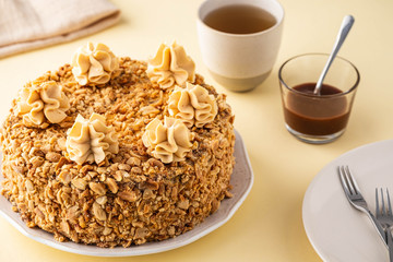 Cake with nuts and caramel. Holiday cake.