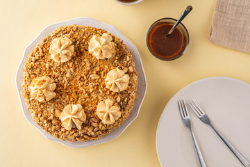 Cake with nuts and caramel. Holiday cake.