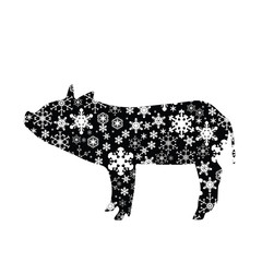 Vector silhouette of snowy pig on white background. Symbol of winter, farm, breeding, garden, animal, season, snow, cold, snowflake, Christmas, frost.