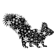 Vector silhouette of snowy squirrel on white background. Symbol of winter, animal, forest, wild, park, garden, season, snow, cold, snowflake, Christmas, frost.