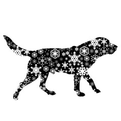 Vector silhouette of snowy dog on white background. Symbol of winter, pet, puppy, home, animal, season, snow, cold, snowflake, Christmas, frost.