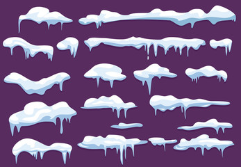 Winter snowcap. Weather decoration elements snow frozen icicles snowflake vector kit. Weather snowcap frozen, icy and snowball illustration