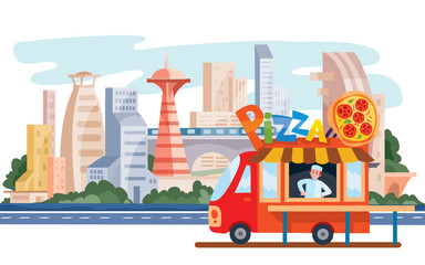 truck that sells street food, pizza, fast food, stands on the background of the big city, vector illustration