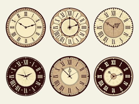 Vintage clock. Elegant antique metal watches vector illustrations. Minute and number clock face, roman or classic