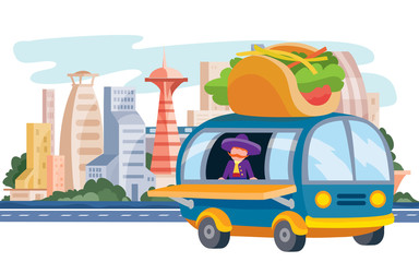 Naklejka premium truck that sells street food, tacos, fast food, stands on the background of the big city, vector illustration