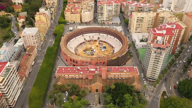 Aerial view of beautiful circular bull arena in Malaga, Spain