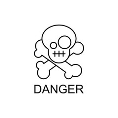 Skull and crossbones symbol. Danger sign. Outline thin line flat illustration. Isolated on white background.