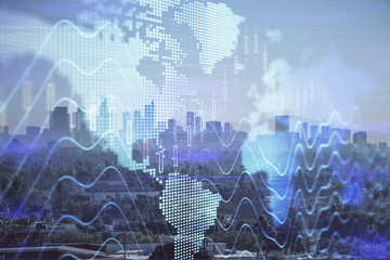 Forex chart on cityscape with skyscrapers wallpaper multi exposure. Financial research concept.