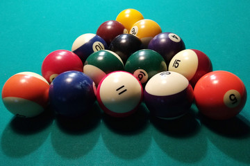 Billiard balls on a pool table.