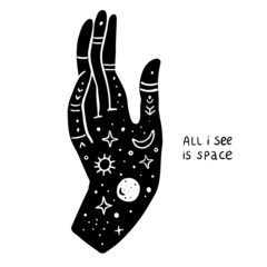 Vector black mystic hands mudra esoteric with the phrase.  Illustration for a wall art design, poster, greeting card, printing. Aztec stile, tribal art, ethnic, design isolated on white background.