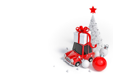 Gift box and christmas tree put on the red mini car and christmas ball Ornaments on white background 3d rendering. 3d illustration minimal style, celebration christmas and happy new year sale concept