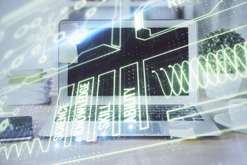 Desktop computer background and education theme drawing. Double exposure. Study concept.