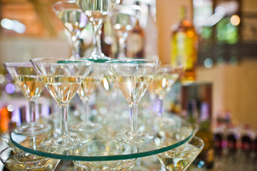 Dessert table of cocktails beverages on wedding reception.