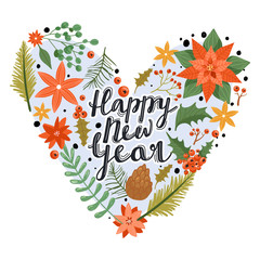 Happy New Year design with flower poinsettia, tree branch, leaves, holly leaves, berry, eucalyptus etc. Heart shaped composition. Design for postcard, invitation, poster, sticker etc. Vector.