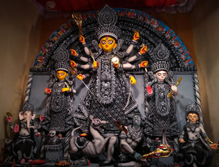 Goddess durga idol at decorated Durga Puja pandel, at Kolkata, West Bengal, India.