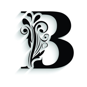 letter B. Black flower alphabet.  Beautiful capital letters with shadow