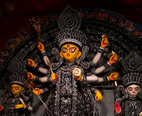 Goddess durga idol at decorated Durga Puja pandel, at Kolkata, West Bengal, India.