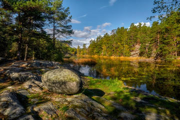 Fototapeta na wymiar Autumn at the lake - Sweden, Stockholm, around the Bagarmossen district