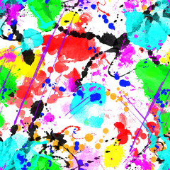 Multicolored splash watercolor seamless pattern. Brush strokes background. Colorful digital print. - illustration.