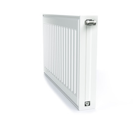 heating radiator with radiator thermostatic valve on the wall, 3D rendering