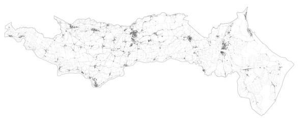 Satellite map of province of Rovigo, towns and roads, buildings and connecting roads of surrounding areas. Veneto, Italy. Map roads, ring roads