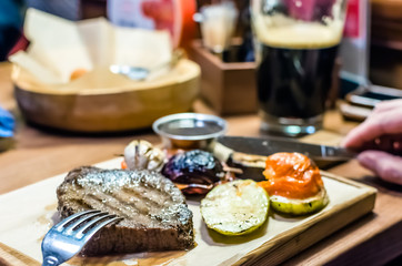 Food. meat steak with grilled vegetables. horisontal