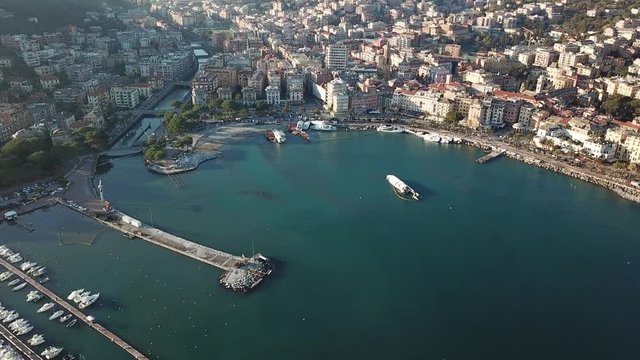 aerial view storm and boat disaster in rapallo, italy 2018